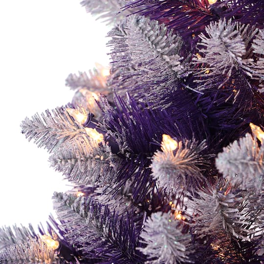 6 Pack: 3ft. Pre-Lit Flocked Purple Artificial Christmas Tree in Burlap Base, Clear Lights